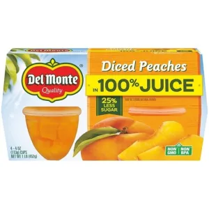 (4 Cups) Del Monte Diced Peaches Fruit Cup Snacks, 100% Juice, 4 oz