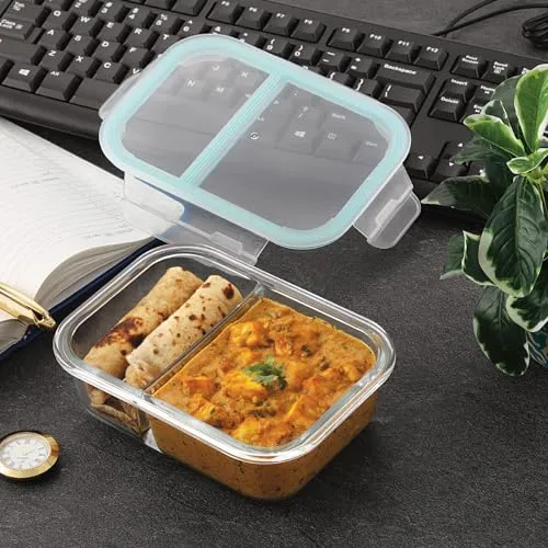 Attro Glassox Lunch Box with Two Compartment & Locking Lid Borosilicate Glass Container Microwave & Freezer Safe Air-Tight Leak-Proof 580ml