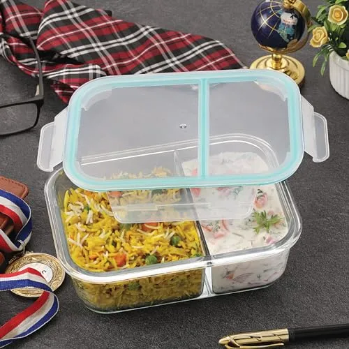 Attro Glassox Lunch Box with Two Compartment & Locking Lid Borosilicate Glass Container Microwave & Freezer Safe Air-Tight Leak-Proof 580ml