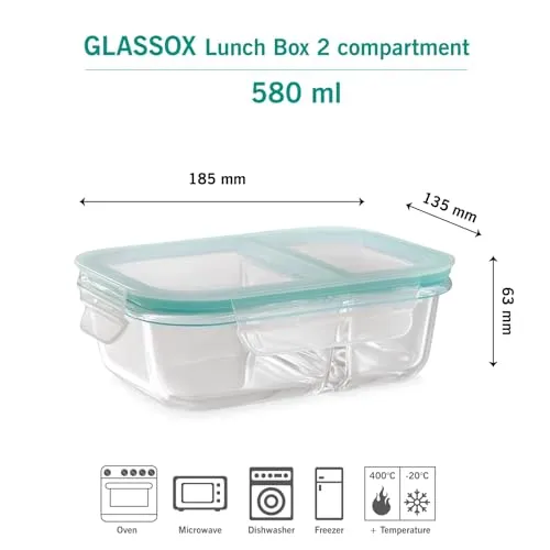 Attro Glassox Lunch Box with Two Compartment & Locking Lid Borosilicate Glass Container Microwave & Freezer Safe Air-Tight Leak-Proof 580ml