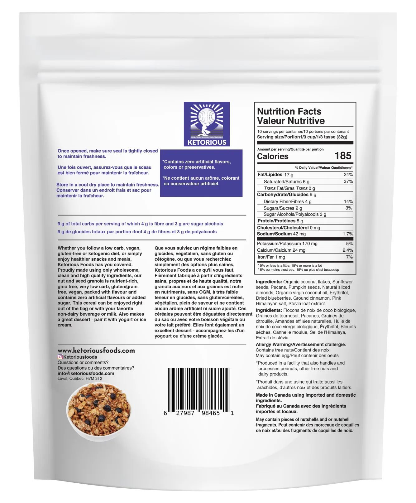 Blueberry & Cinnamon Nut and Seed Granola by Ketorious, 320g