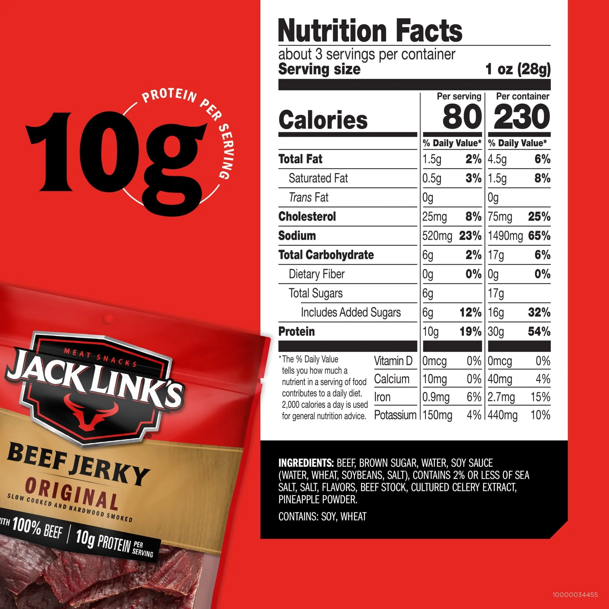 Jack Link’s Beef Jerky, 100% Beef, Original, 2.85 oz, 10g of Protein per Serving