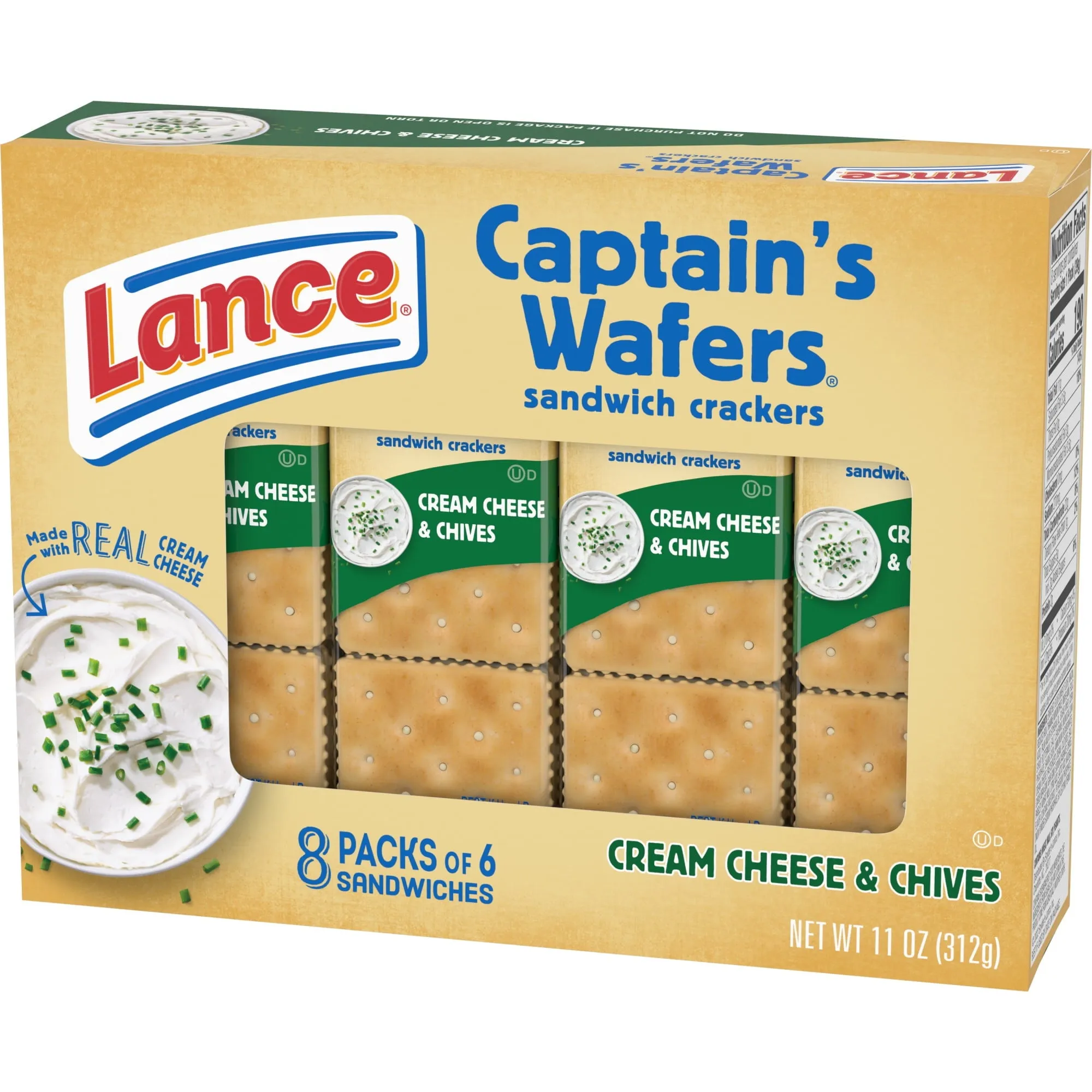 Lance Sandwich Crackers, Captain's Wafers Cream Cheese and Chives, 8 Packs, 6 Sandwiches Each