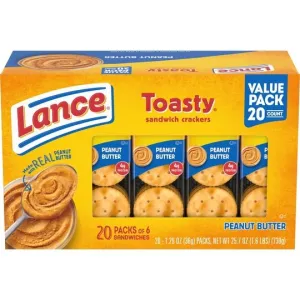 Lance Sandwich Crackers, Toasty Peanut Butter, 20 Individually Wrapped Packs, 6 Sandwiches Each