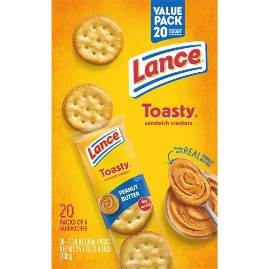 Lance Sandwich Crackers, Toasty Peanut Butter, 20 Individually Wrapped Packs, 6 Sandwiches Each