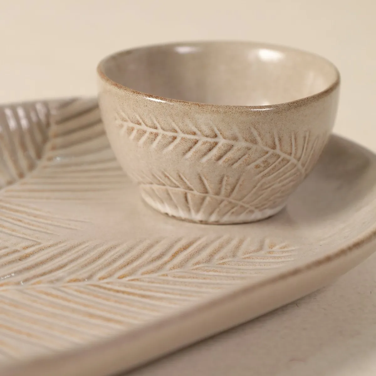 Natural Grey Ceramic Serving Platter And Bowl Set | Palm Leaf Design | Handcrafted In India