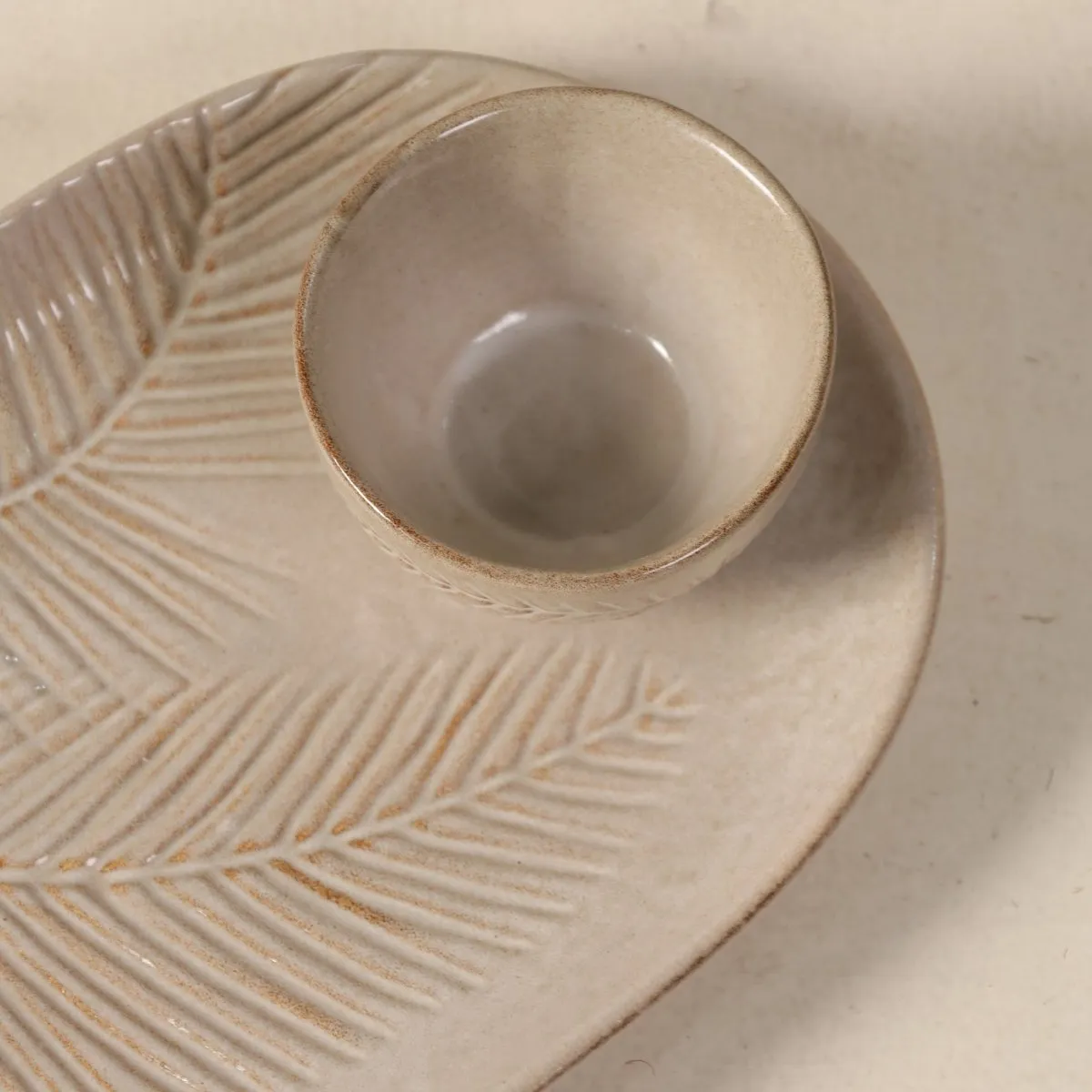 Natural Grey Ceramic Serving Platter And Bowl Set | Palm Leaf Design | Handcrafted In India