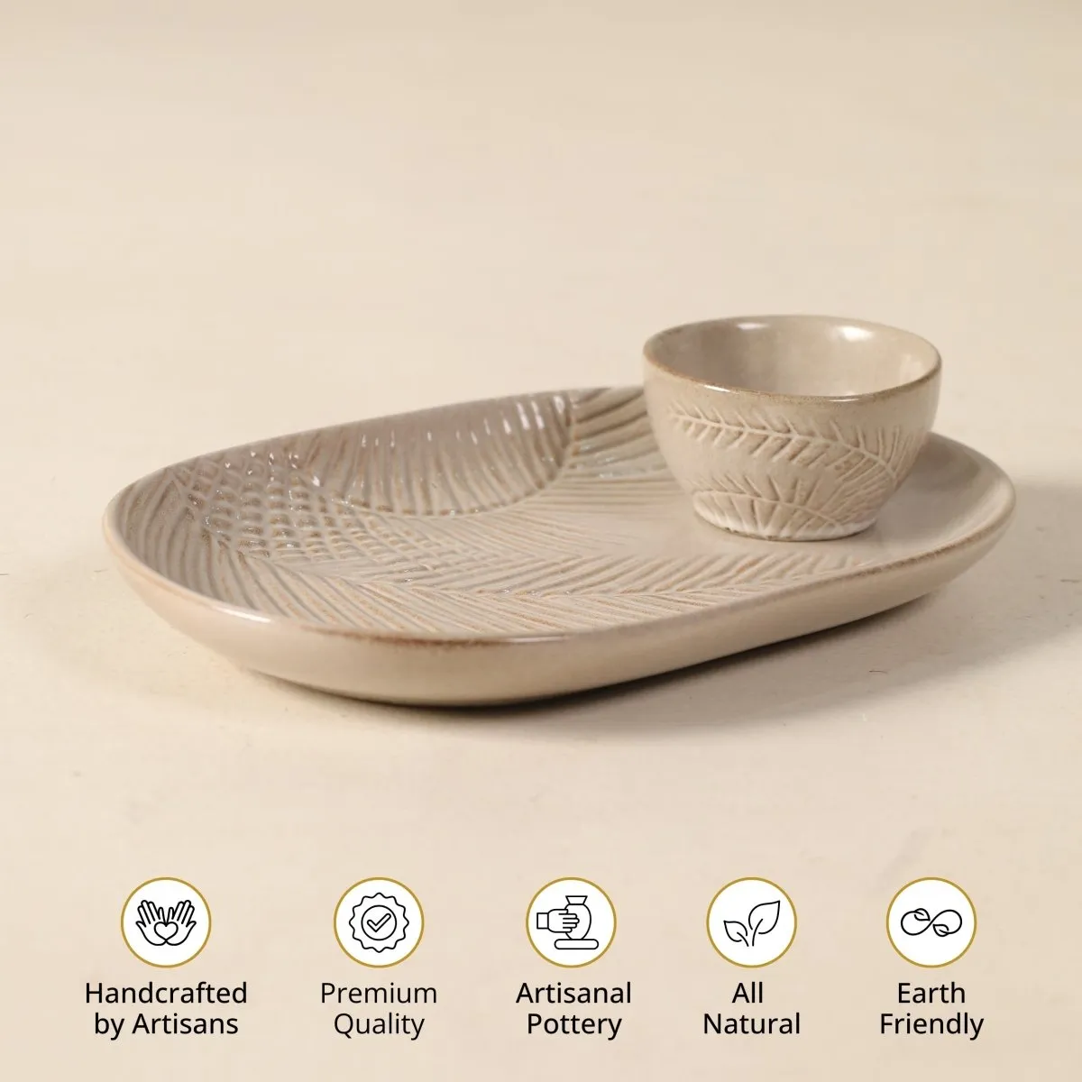 Natural Grey Ceramic Serving Platter And Bowl Set | Palm Leaf Design | Handcrafted In India