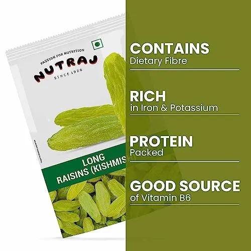 Nutraj Super Long Raisin 1 Kg (500G X 2)| Kishmish | Rich In Iron & Vitamin B | Seedless Green Kishmish | Healthy Snacks | Dry Fruits | Healthy And Tasty Snacks |, Fresh