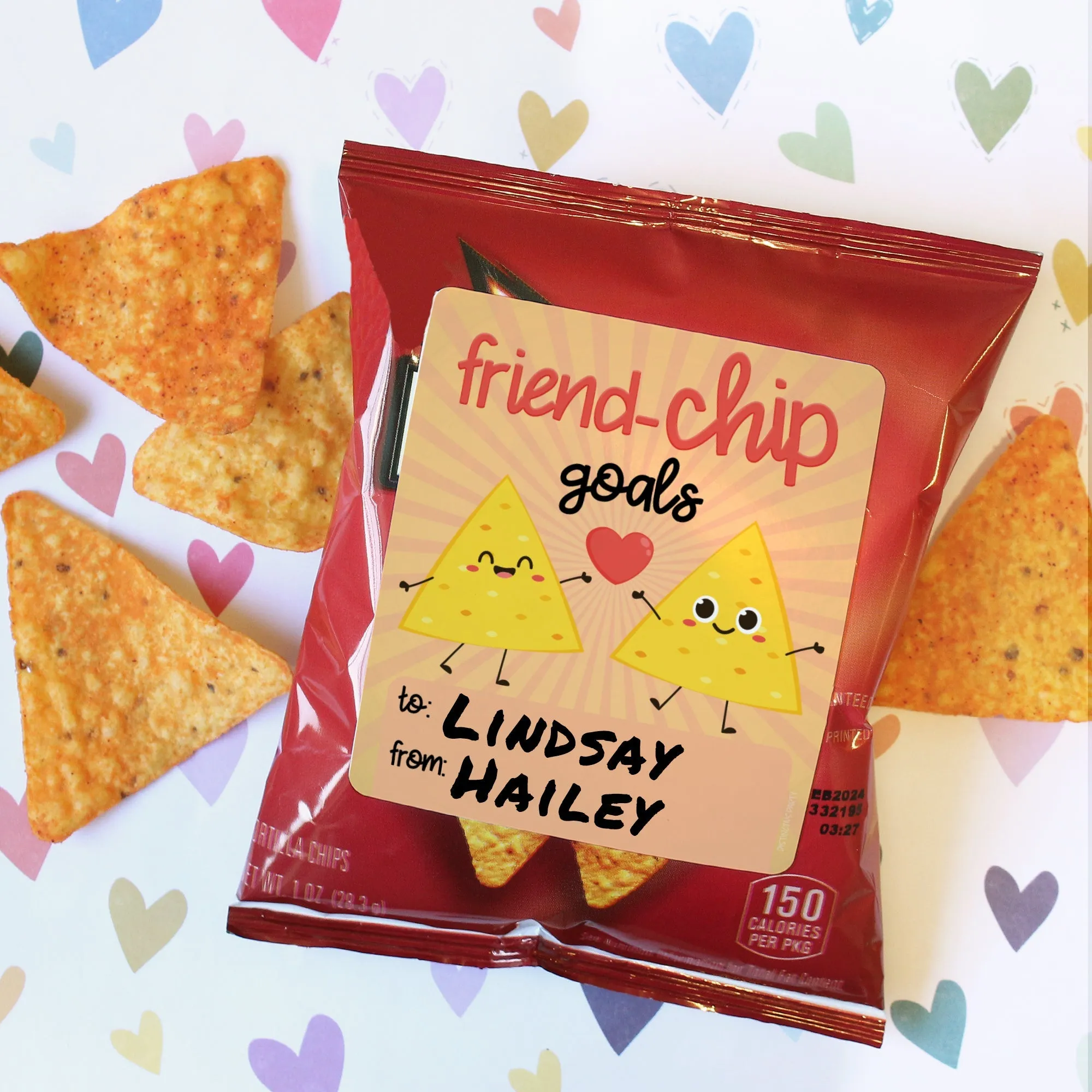 Valentine's Day Treat Stickers: Friend-Chip Goals - Chip Bag Stickers: Two Sizes - 32 Stickers